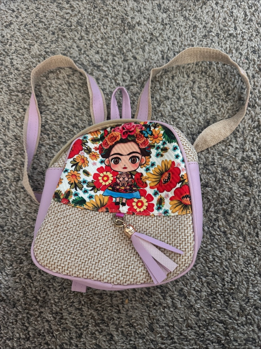 Lilac & Straw Frida-Inspired Mini Backpack